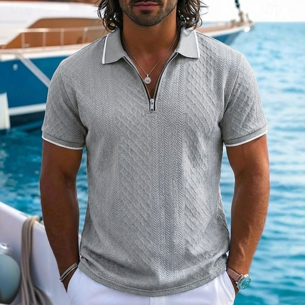 Homens Polo com zíper Textura Casual Feriado Lapela Quarter Zip Manga Curta Moda Básico Tecido Jacquard Quarter Zip Verão Normal Azul Claro Preto Branco Vinho Azul Marinha Caqui Polo com zíper de 2026 por $22.99 –P8