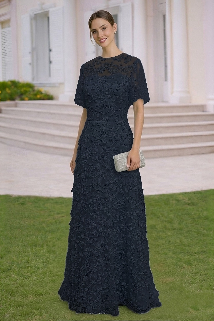 A-Line Dress Floor Length Wedding Guest Dress Formal Dresses Evening Gown Mother of the Bride Dress Short Sleeve Crew Neck Elegant Simple Embellished Formal Lace with 3D Flowers 2026 - $194.99 –P9