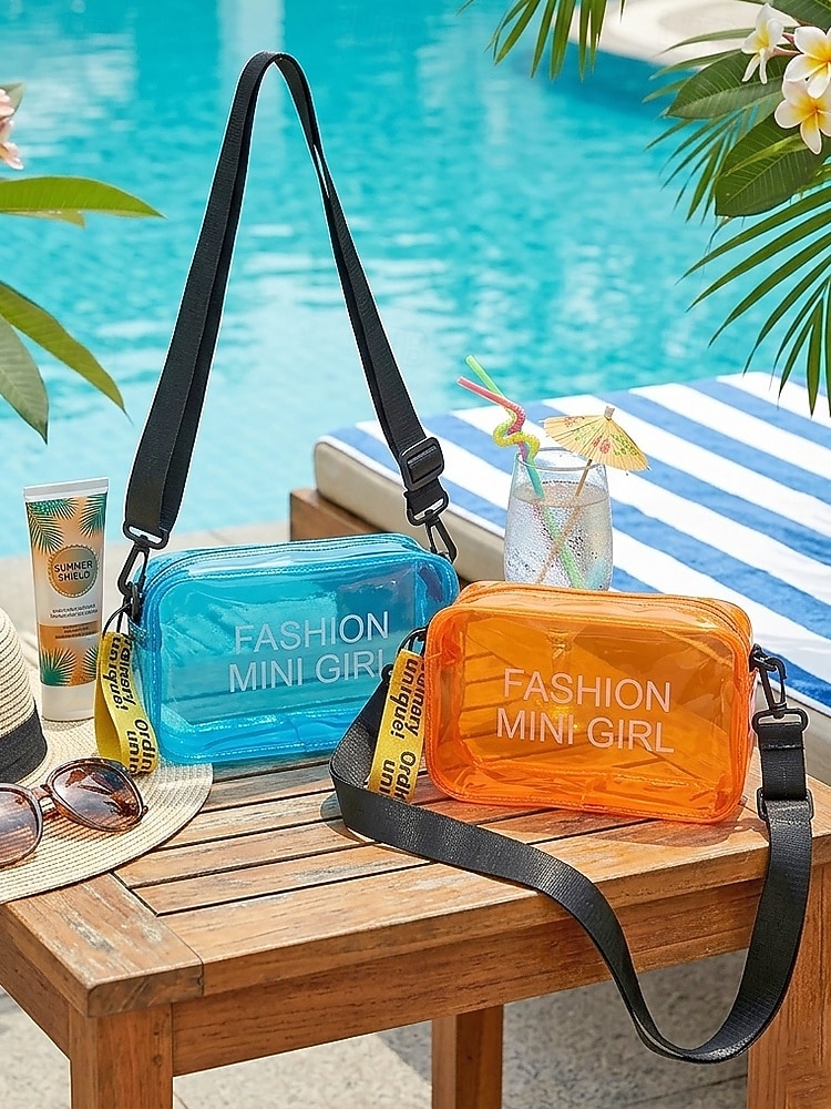 kvinners klar PVC-skulderveske, flerfarget gjennomsiktig skulderveske med justerbar stropp, lett og stilig for strandferie, reise og uformell daglig bruk. 2026 - $9.99 –P7