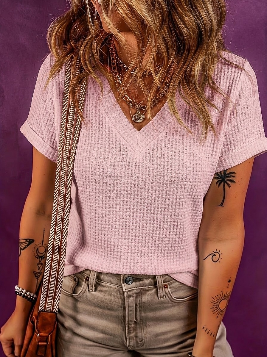 Women's Waffle T-shirt Tee Top Solid Color Elegant Fashion Stylish Short Sleeve Batwing Sleeve V Neck Regular Tops Casual Going out Black White Pink Green Apricot Summer Spring 2026 - $21.99 –P8
