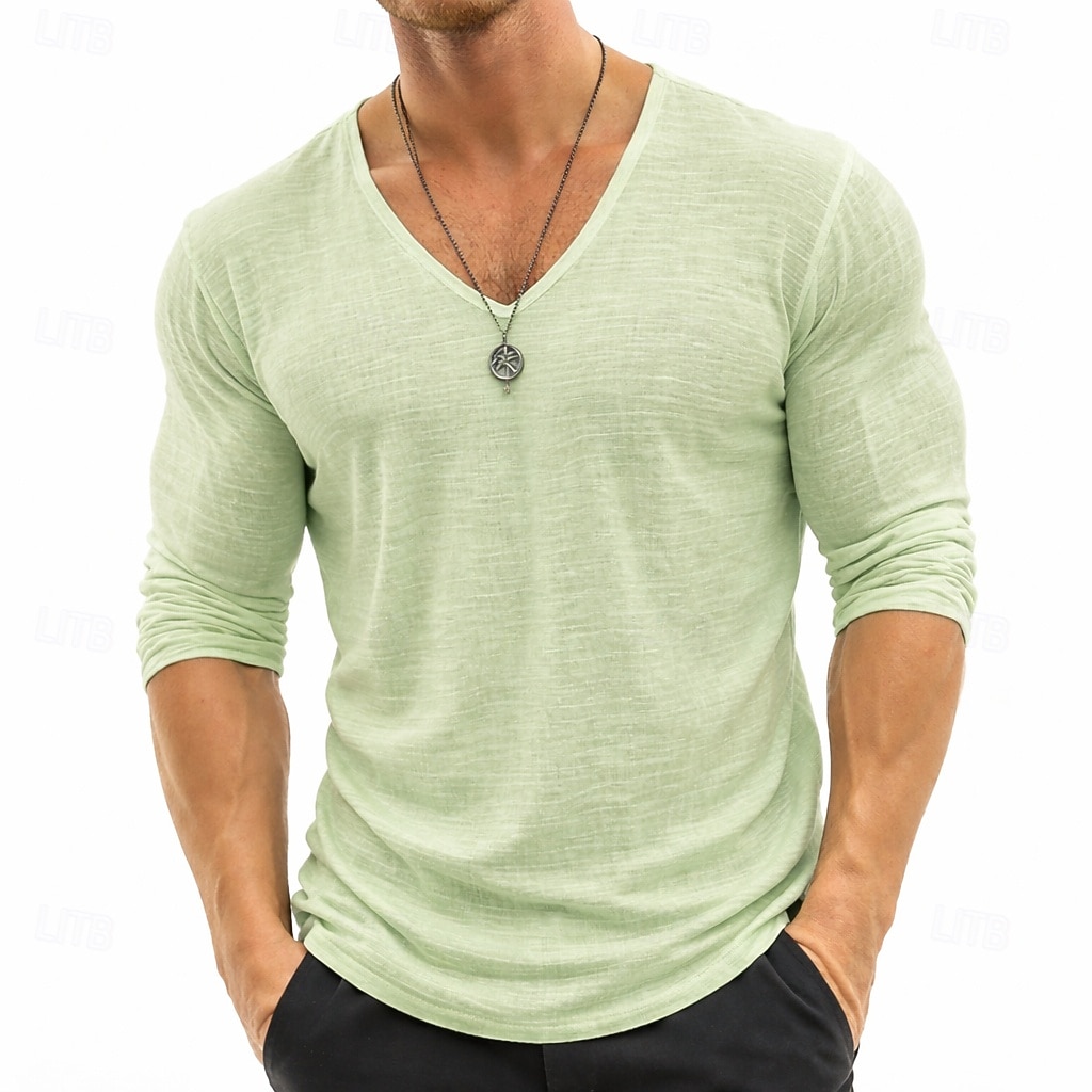 tricou bărbătesc din in, mânecă lungă, decolteu în V, vară, primăvară &Tricou de vară, culoare solidă, simplu, zilnic, casual, stil stradal, simplu, exterior, casual, albastru deschis, albastru-negru, 2026 - $20.99 –P8