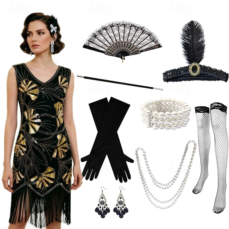 Roaring jaren '20 Jaren 1920 Retro vintage Tot de knie Flapper jurk Handschoenen Ketting Mouwloos The Great Gatsby Charleston Pailletten V-hals Kostuum Dames Halloween Carnaval Feesten & Uitgaan 2026 - $64.99 –P8
