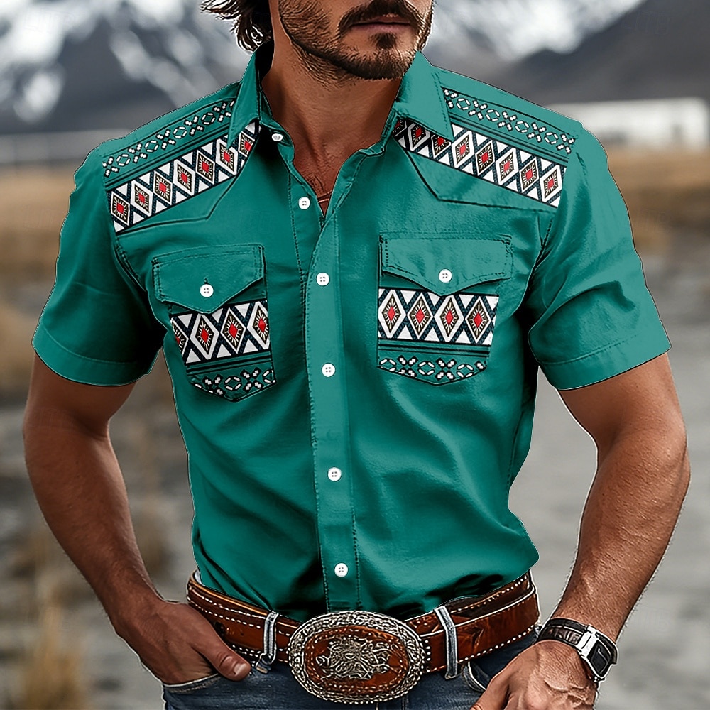 Hombre Diseño Geométrico Étnico camisa occidental Camisas de trabajo Camisa vaquera Manga Corta occidental retro de la vendimia Casual Exterior Para trabajo Verano Primavera Cuello Vuelto Impresión 2026 - $27.99 –P4
