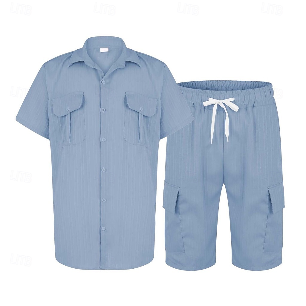 2026年 男性用 スタイル ２個 シャツセット そして ショーツ ビーチショーツ 設定 平織り カジュアル 日常 アウトドア 折襟 半袖 夏 ファッション カジュアル 快適 衣類  コレクション – $39.99 –P15