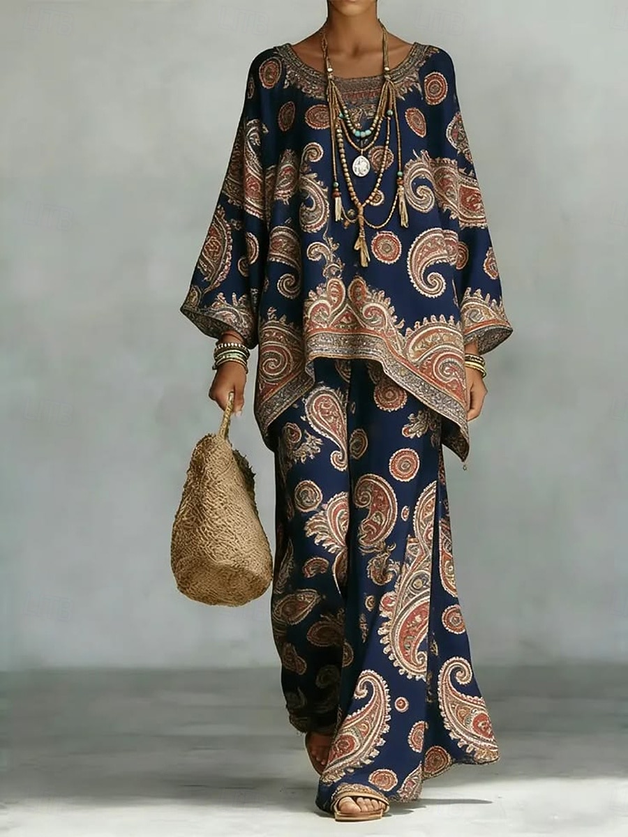 Women's Shirt Cotton Linen Sets Pants Sets Long Sleeve Bell Sleeve Round Neck Floral Graphic Paisley Print Vacation Fashion Streetwear Casual Daily Outdoor Navy Blue Beige Summer Loose Fit 2026 - $57.99 –P1