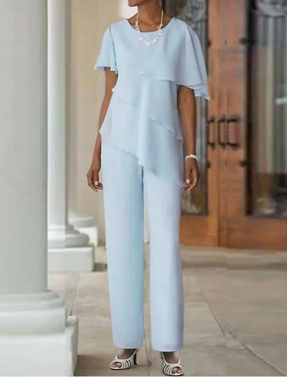 Tweedelig Broek Tot de grond Moeder van de bruid jurk Korte mouw Met sieraad Elegant Grote maten Bruiloft gast Chiffon met Gelaagde ruches 2026 - $160.99 –P10