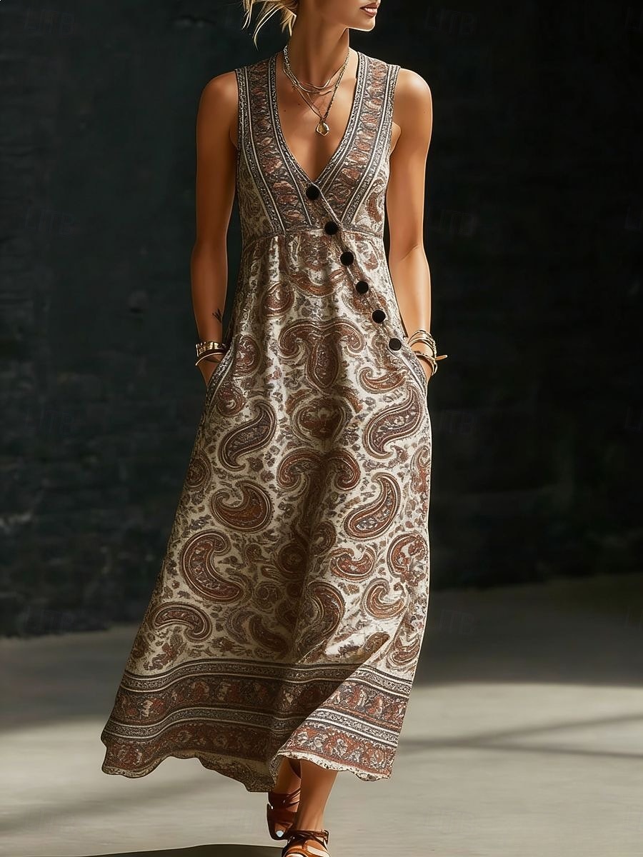 Per donna Abito maxi Vestito Estivo Vestito Casual Abito a trapezio Elegante Vacanza Spiaggia Ferie Vestibilità regolare Grafico Paisley Astratto Senza Maniche Scollo a V Rosso Marrone Beige Estate del 2026 a $42.99 –P3