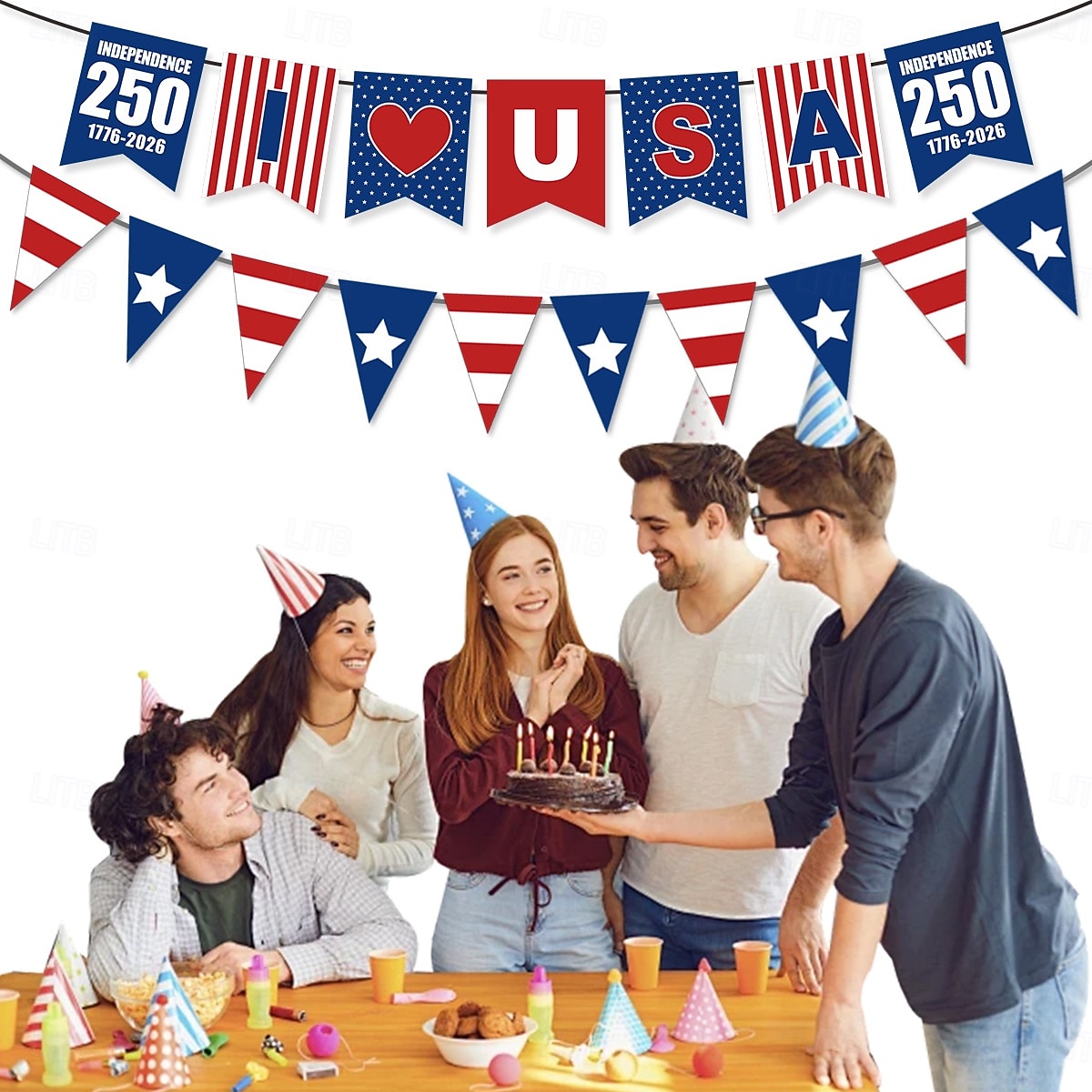 5 db-os csomag az USA 250. évfordulójának zászlófüzérére, függetlenség napjára, hazafias amerikai zászló partidekoráció, 1776-2026, piros-fehér &kék, születésnap &nyári ünnepség 2026 - $16.99 –P4