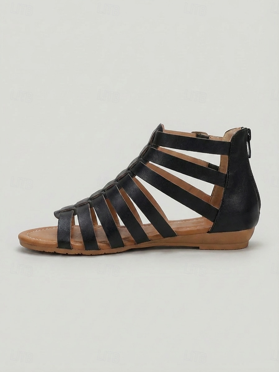 Svarta vävda gladiatorsandaler för kvinnor, platta sandaler med dragkedja baktill för vardagsbruk, shopping, resor, semester &avslappnade utflykter 2026 - $29.99 –P3