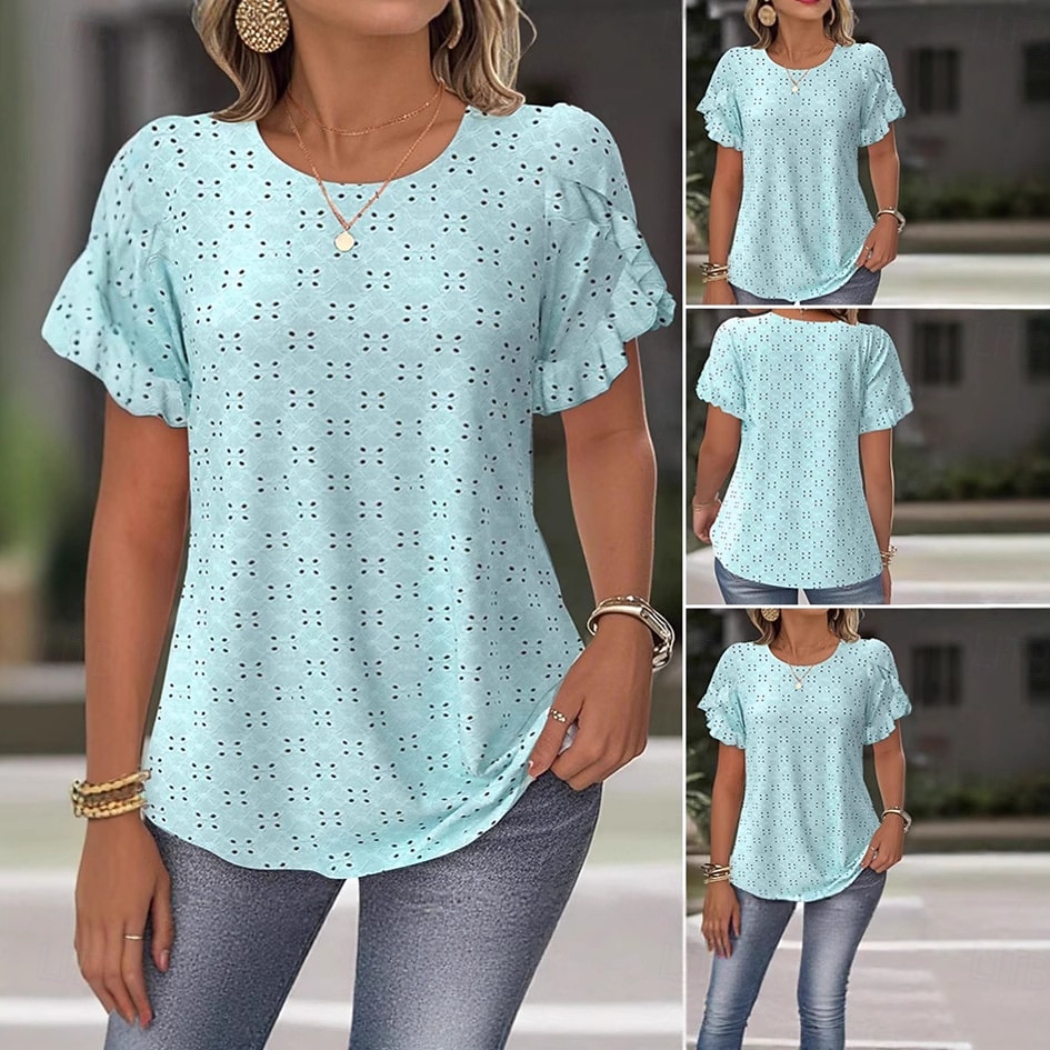 Mujer Parte superior con ojales Camiseta de punto Camiseta de encaje Color sólido Elegante Manga Corta Cuello Barco Tops regulares Casual Diario Fin de semana Bleu Ciel Verano Primavera 2026 - $25.99 –P1
