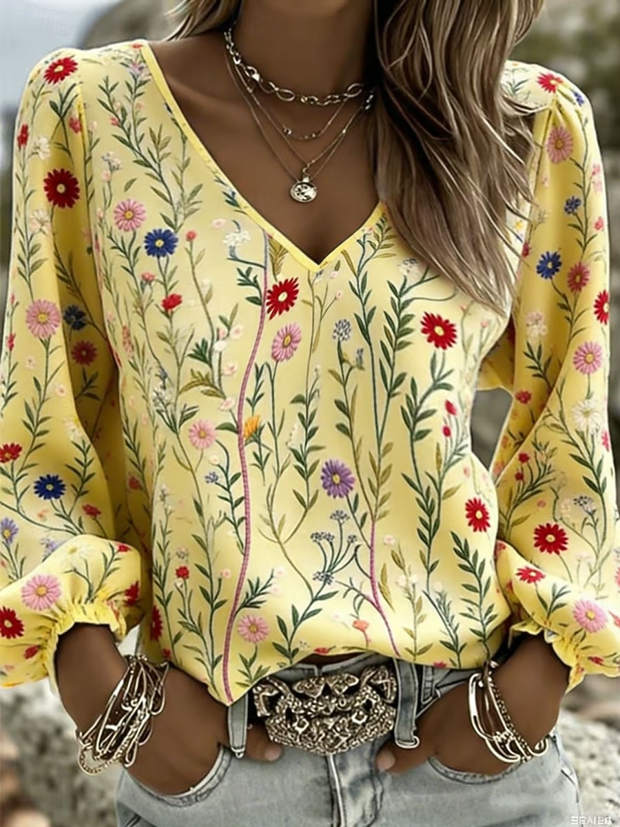 Mulheres Camisa Social Imprimir Floral Gráfico Boêmia Férias Vintage Manga Longa Manga lanterna Decote V Tops regulares Casual Diário Feriado Azul Branco Amarelo Cinzento Verão Primavera de 2026 por BHD 11.96 –P2