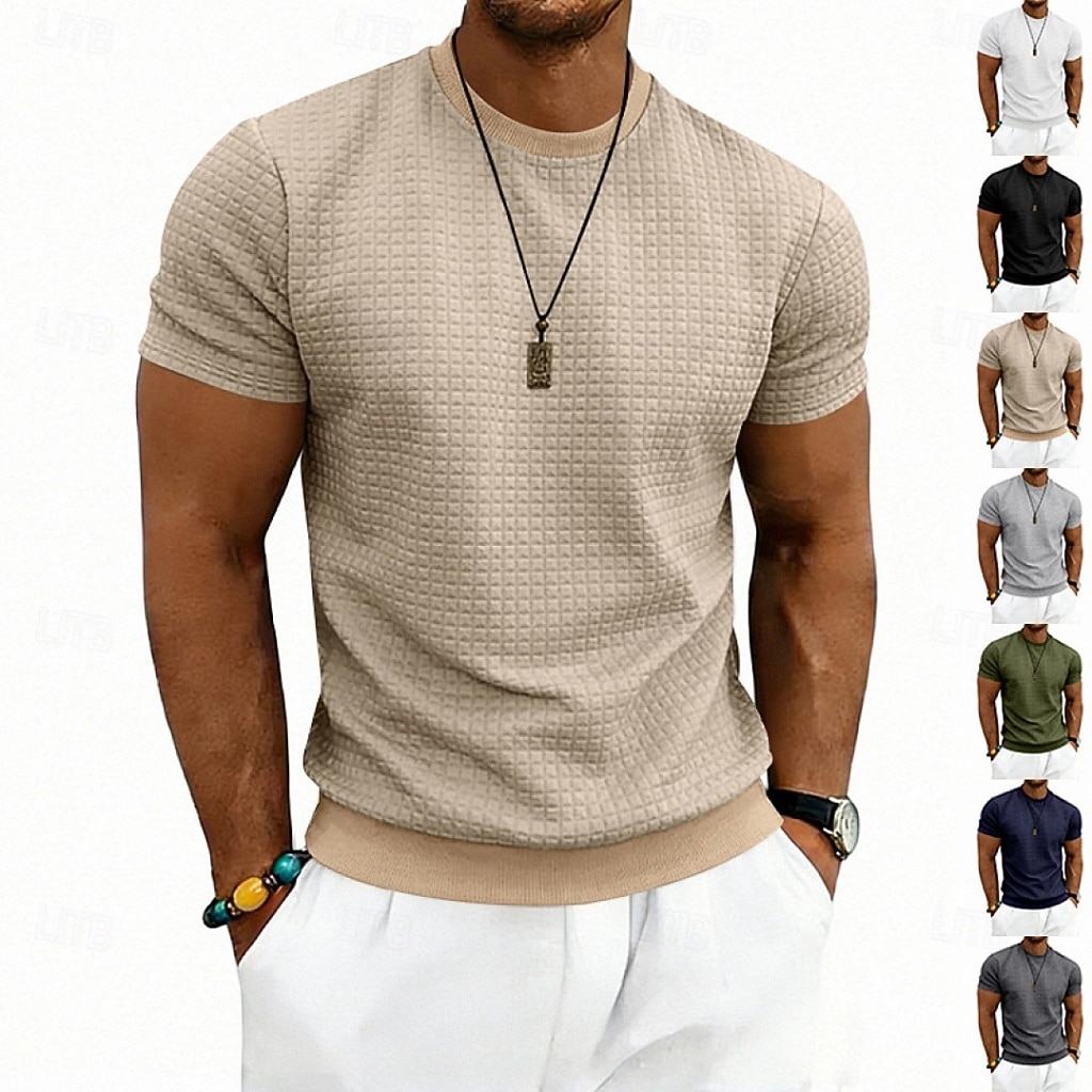 Herre Vaffel T-skjorte T skjorte Kortermet skjorte T-skjorte Kortermet Crew-hals Sommer Vår Helfarge Gatemote Stilfull Sportslig Jacquard Daglig utendørs Feriereise Hvit Svart Mørkegrå Topp T-skjorte 2026 - $20.99 –P1