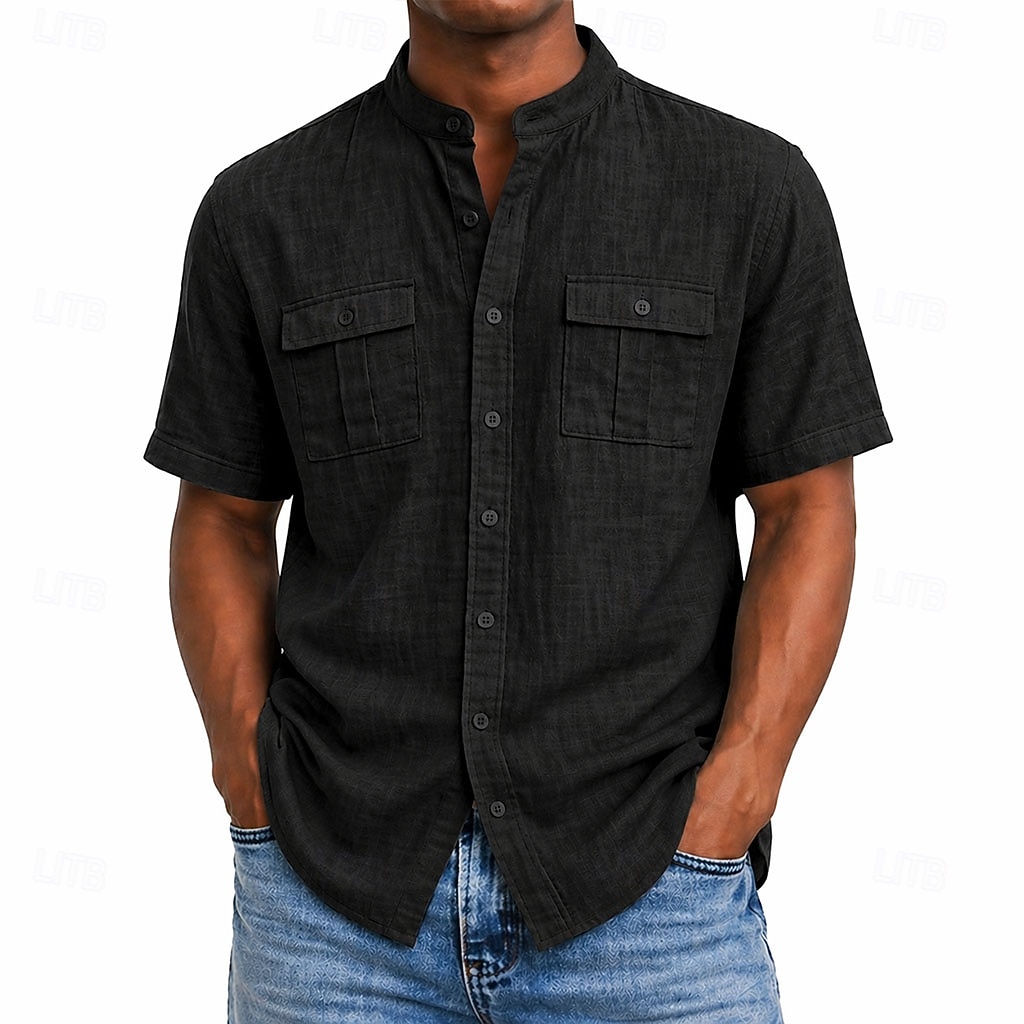 Hombre Camisa Camisa de lino Camisa de verano Ropa de playa Camisa con cuello mao Abotonar la camisa Color sólido Casual Vacaciones Azul Piscina Negro Azul Marino Verde Trébol Manga Corta Escote Chino 2026 - $11.49 –P5