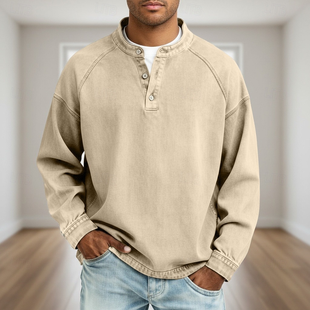 SoftFade™ Herrs T Skjorta Henley Skjorta Denim Skjorta 100% Bomull Syra Tvättad Skjorta Tee Topp Lång Ärmd Enkel Vintage Streetwear Avslappnad Färgad Tvättad Raglanärmar Stående Krage Henley Sport 2026 - $31.99 –P3