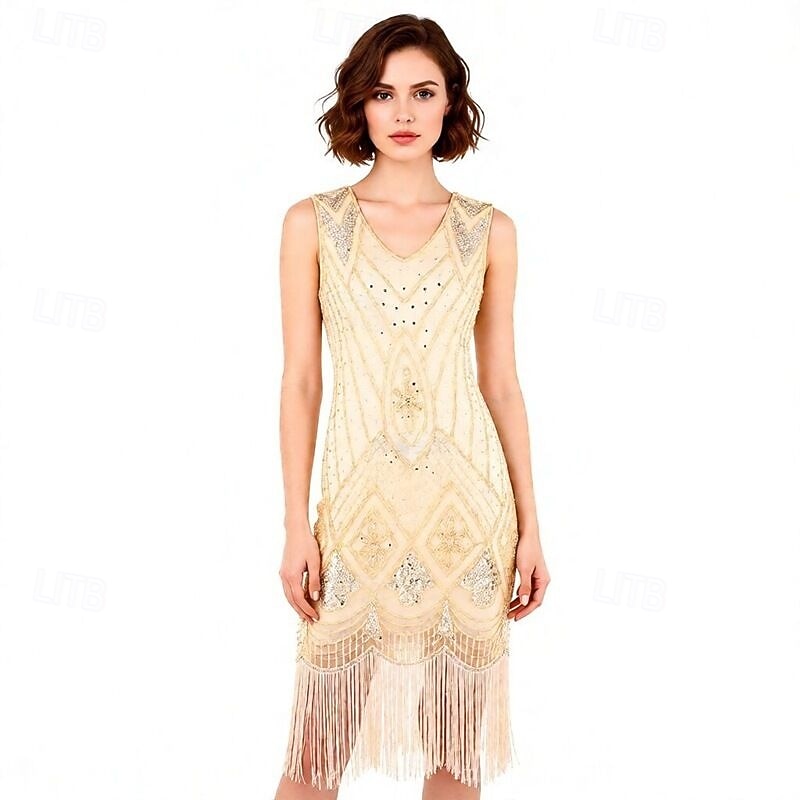 Vintage Roaring 20s 1920s Knee Length Dress Flapper Dress Gloves Sleeveless The Great Gatsby Charleston Sequins Tassel Fringe Fancy Dress Women's Halloween Carnival Cocktail Party Adults' 1 Fan Dress 2026 - $66.99 –P2
