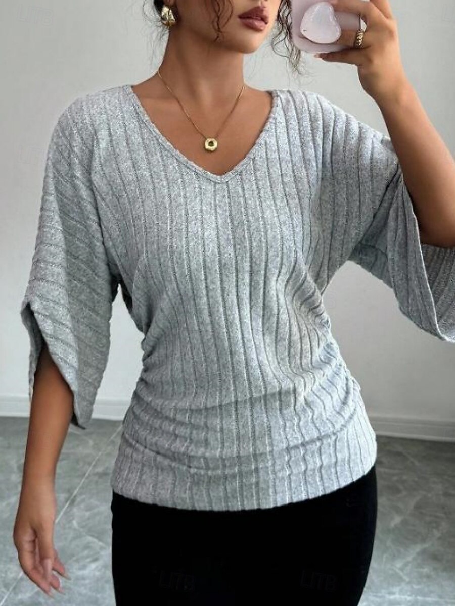 Dame Bluse Helfarge Stilfull Fritid 3/4 ermer V-hals Vanlige topper Daglig Grå Vår Høst 2026 - $19.99 –P1