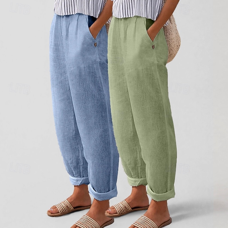 Πολυσυσκευασίες 2 τεμαχίων γυναικείο παντελόνι 100% βαμβάκι καλοκαιρινό παντελόνι casual παντελόνι διακοπών βασικό ψηλόμεσο απλό τσέπη άνεση μαλακό αναπνεύσιμο ανελαστικό casual καθημερινό αθλητικό λευκό+πράσινο λευκό+χακί 2026 - $31.99 –P3