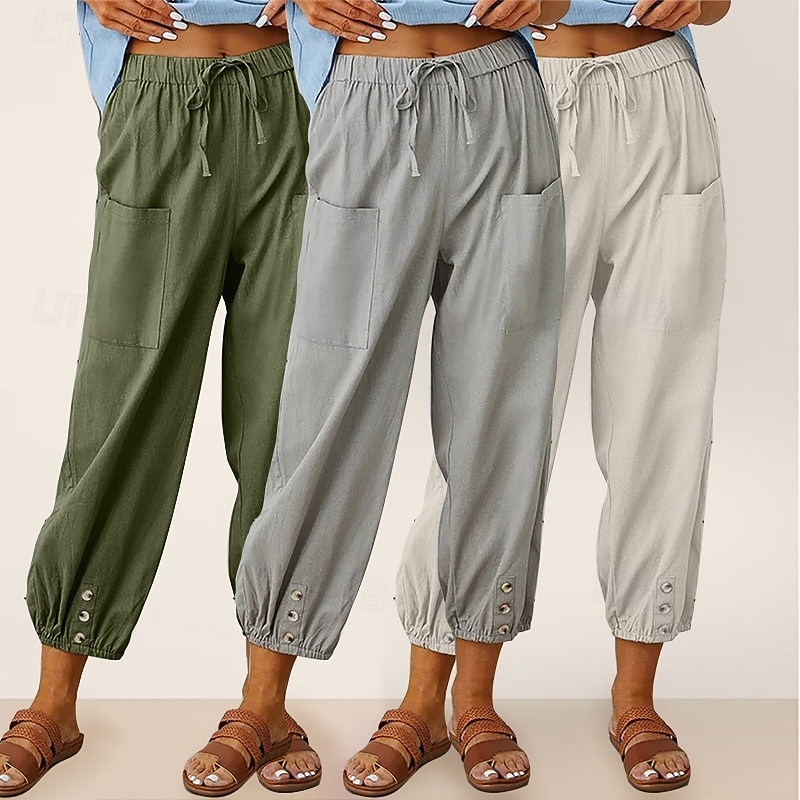 Conjunto com 3 calças capri femininas de algodão, ideais para o verão, casuais, básicas, cintura alta, lisas, com bolsos, cintura elástica, confortáveis, respiráveis, sem elasticidade, para uso diário, em casa e nas férias, nas cores azul, azul marinho e  de 2026 por $47.99 –P5
