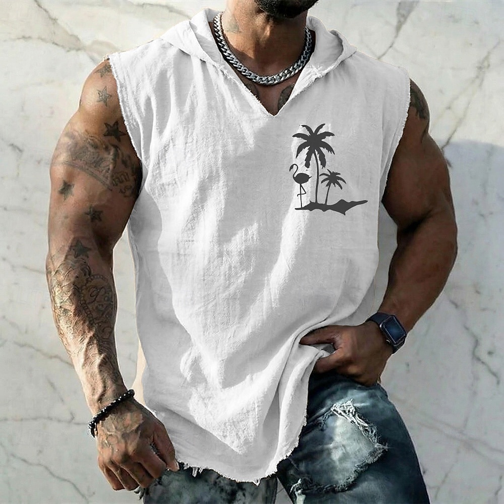 Men's Flamingo Palm Tree Tropical Boho Vintage Sleeveless Hooded Vest Graphic Cotton Linen Frayed Raw Hem Loose Fit Beach Vacation Designer Clothing Apparel S M L XL XXL XXXL 2026 - $19.99 –P2