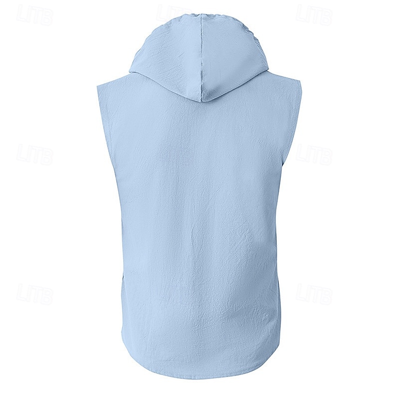 رجالي قميص قميص كتان قميص صيفي ملابس الشاطئ زر حتى القميص قميص مقنع لون الصلبة عطلة شارع أزرق أسود أبيض أخضر بدون كم مع قبعة الصيف الربيع ملابس 2026 - $21.99 –P9