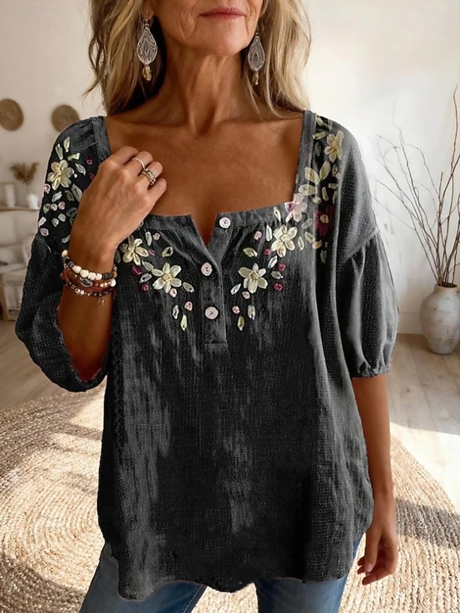 Γυναικεία Μπλούζα Σουρωτά Κεντητό Στάμπα Φλοράλ Γραφική Λαχούρι Καθημερινά Στυλάτο Βασικό Μισό μανίκι Τετράγωνη Λαιμόκοψη Κανονικά μπλουζάκια Καθημερινά 2026 - $29.99 –P8