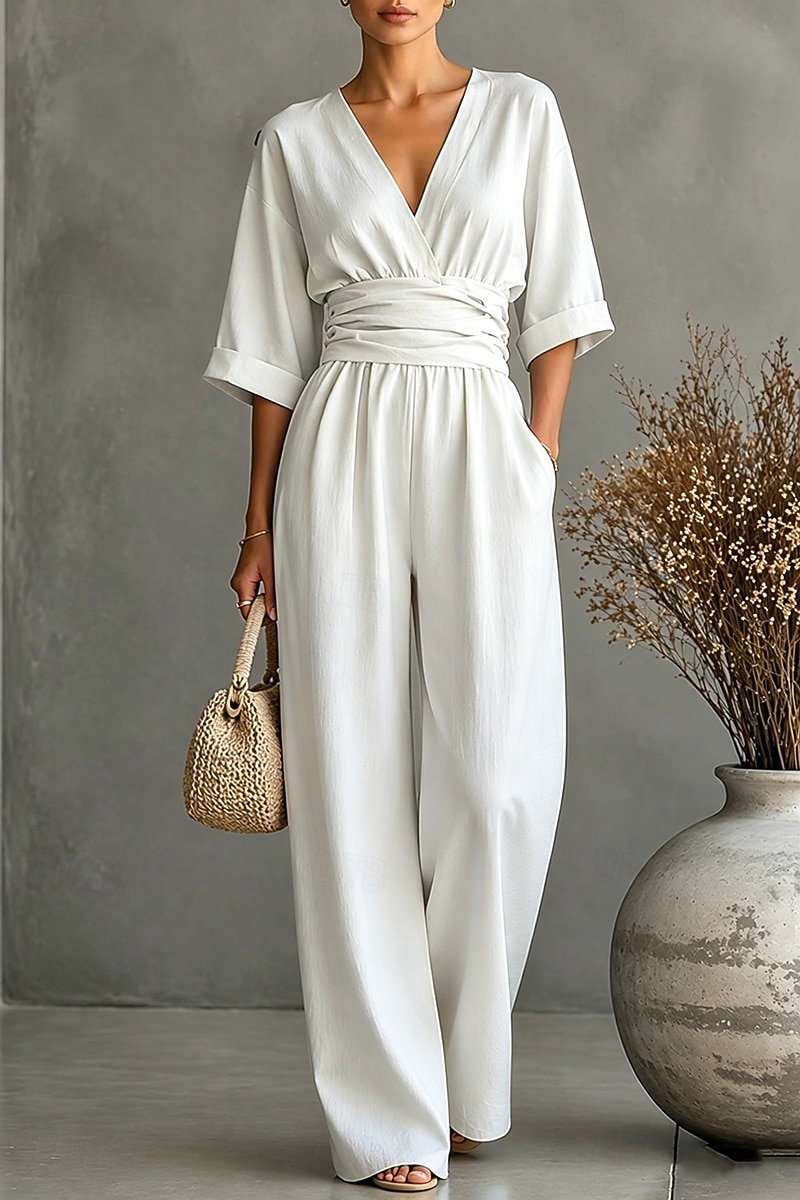 Damen Overall Elegant Einfarbig Halbarm Weites Bein V Ausschnitt Patchwork Tasche Täglich Urlaub Normale Passform Schwarz Weiß Gelb Sommer 2026 - $37.99 –P2