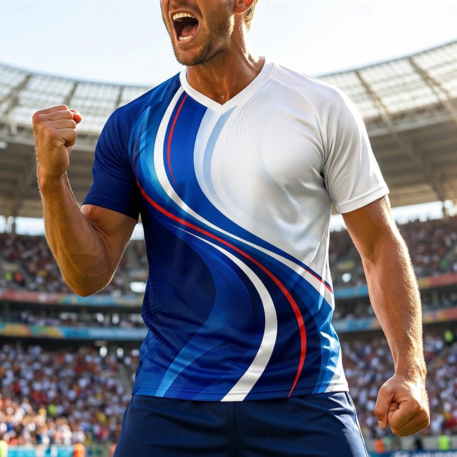 Herren-Fußballtrikot, atmungsaktives Mesh-Oberteil, Turnier-Fußballshirt, französische Farben, blau, weiß, rot, gemustertes T-Shirt 2026 - $18.99 –P2