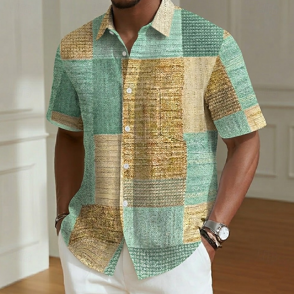 Herren Geometrisch Farbblock Patchwork Hemd Sommerhemd Knopfhemd Kurzarm Modisch lässig Täglich Outdoor Ferien Sommer Frühling Umlegekragen 3D-Druck Eine Tasche vorne Leinenähnliches Hemd Blau Rosa 2026 - $25.99 –P2