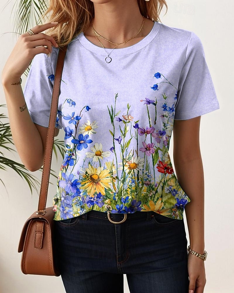 Damskie Podkoszulek Nadruk Kwiaty Graficzny Rośliny Moda Elegancki Klasyczny Krótki rękaw Półgolf Zwykłe topy Codzienny Weekend Niebieski Żółty Rumiany róż Jasnofioletowy Lato Wiosna 2026 - $21.99 –P6