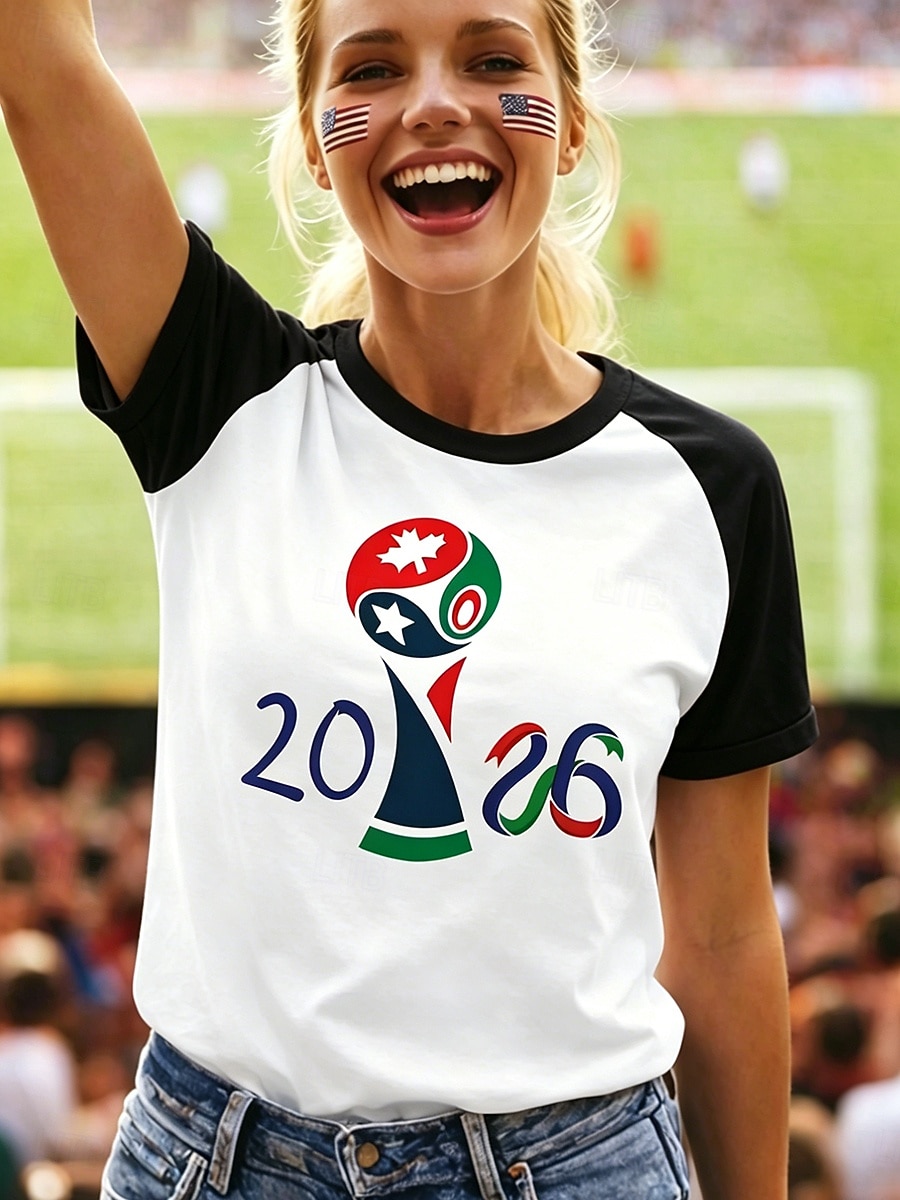t-shirt da calcio da donna con stampa grafica, lettera, elegante, classica, casual, manica corta, girocollo, top regolari, casual, quotidiano, blu, nero, rosso, verde, estate, primavera del 2026 a $21.99 –P3