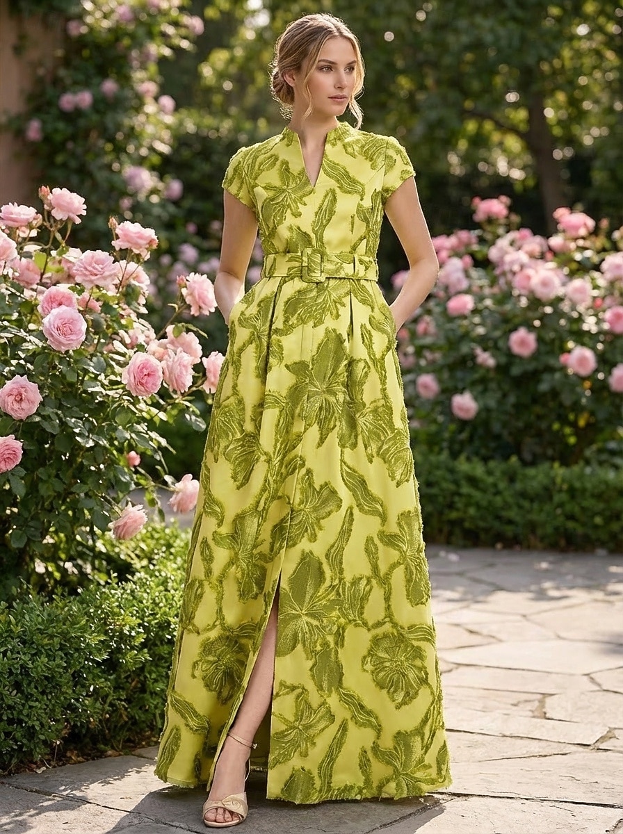 Linia -A Lungime Podea Rochie florala Rochii de seara Elegant Epocă Floral Manșon scurt În V Petrecere în grădină Nuntă Buzunar Satin Jaquard cu Franjuri Rochie cu fanta 2026 - $205.89 –P6