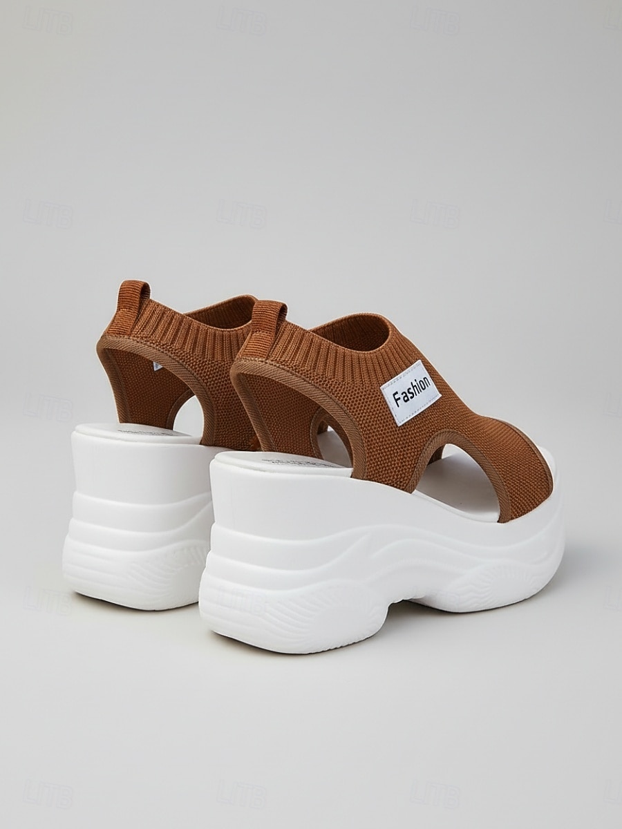 Damessandalen met sleehak in bruin gebreid materiaal, ademende gebreide sportsandalen, veelzijdige casual schoenen voor vakantie en wandelen. &zomerse dag 2026 - $26.99 –P4