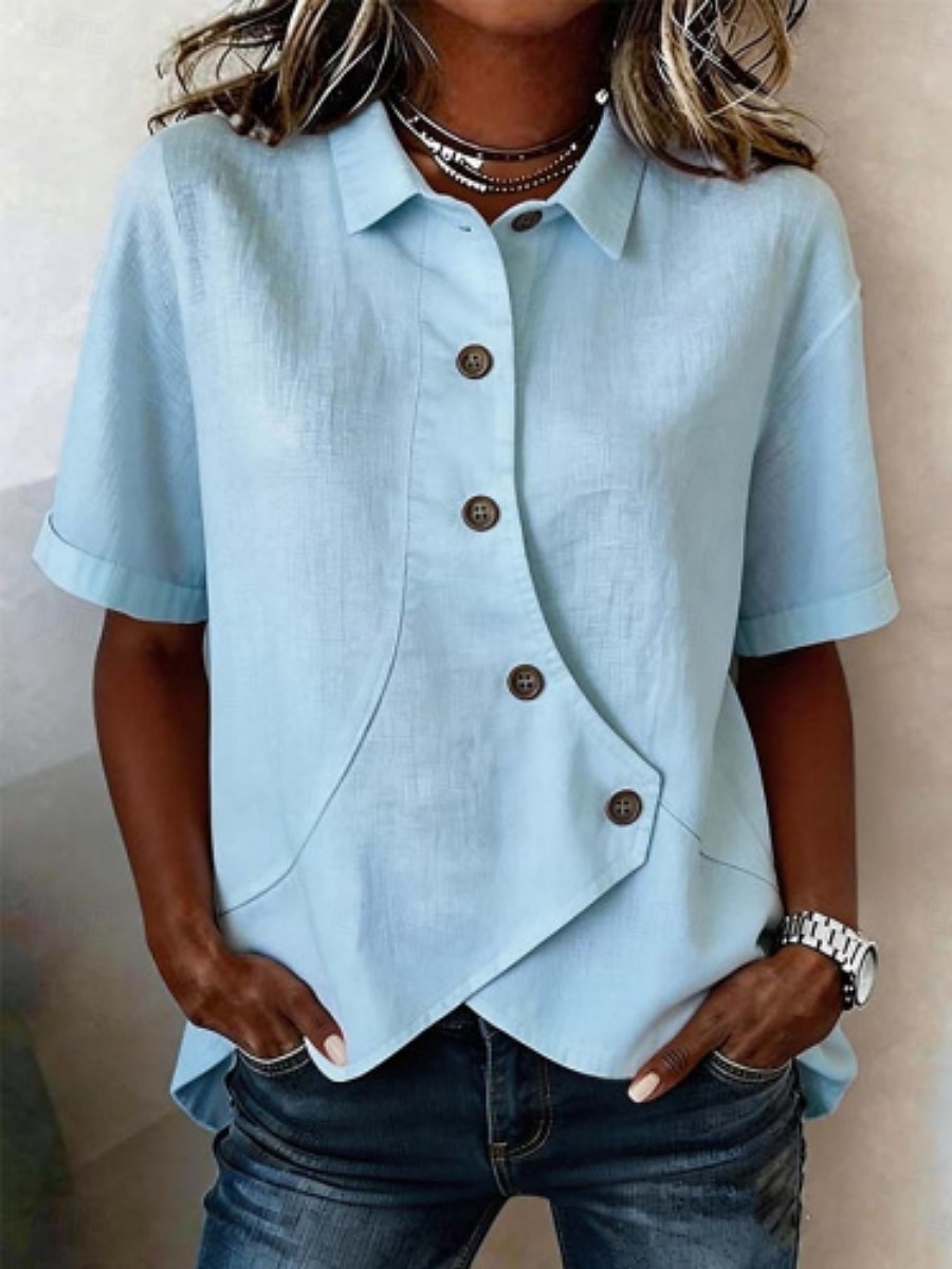 Per donna Blusa Finto cotone e lino Bottoni Tinta unica Essenziale Casual Manica Corta Colletto a Camicia Top Regolari Quotidiano Blu Bianco Albicocca Estate Primavera del 2026 a $11.99 –P8