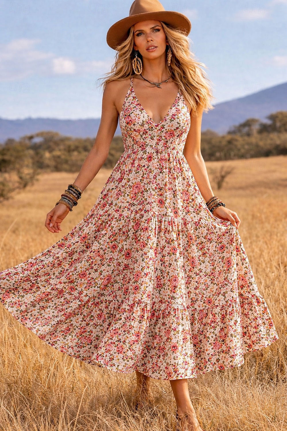 Women's Maxi Dress Boho Dress Sundress Casual Dress Ethnic Dress Elegant Bohemia Vacation Beach Holiday Date Loose Fit Floral Graphic Sleeveless V Neck Black Red Orange Summer Spring 2026 - $41.99 –P1