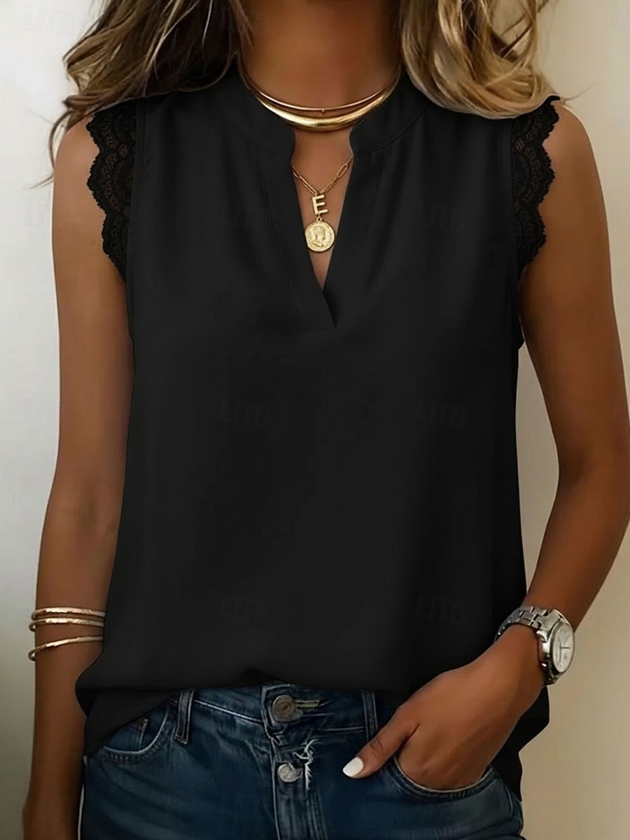 Dames Kanten overhemd Blouse Chiffon-topjes Lapwerk Effen Elegant Vakantie Mouwloos V-hals Lange tops Casual Wit patron Blozend Roze Groen Beige Zomer 2026 - $26.99 –P6