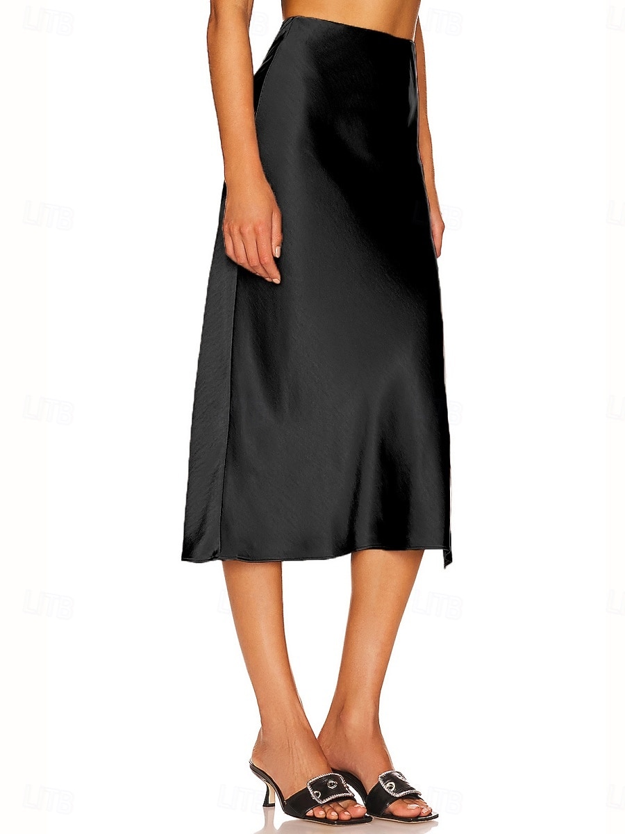 Per donna Gonne in raso Elegante Moda Midi Vita Alta Gonne Semplice Con Spacco Micro-elastico Feste Data Nero Champagne Marrone Verde Estate del 2026 a $29.99 –P9