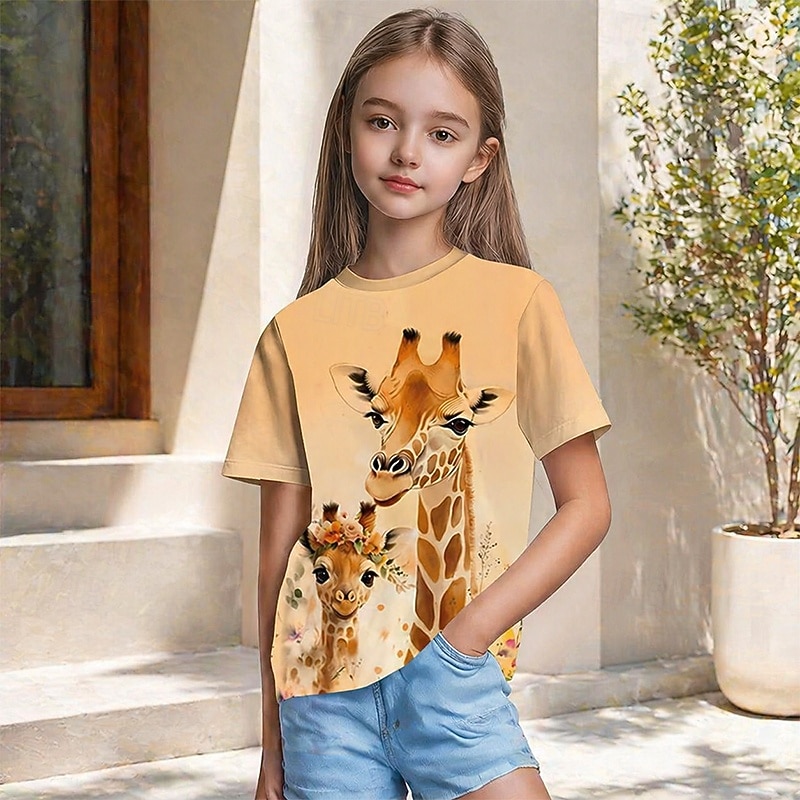 Ragazze 3D Grafico Animale Giraffa Maglietta Manica Corta Stampa 3D Primavera Attivo Carino Bambini 5-12 anni Casuale Quotidiano Scuola Vestibilità regolare del 2026 a $13.49 –P5