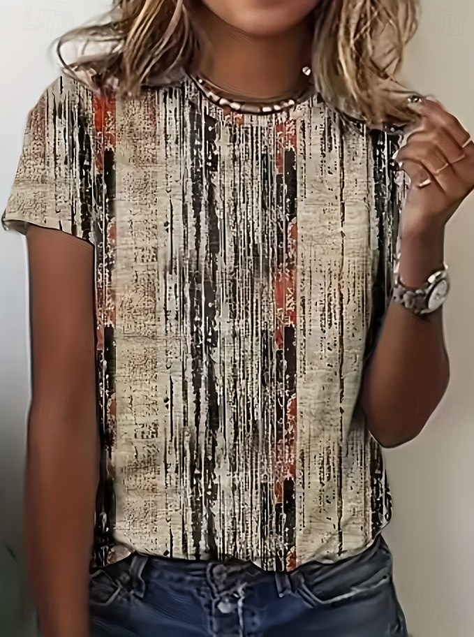 Women's T Shirt Print Graphic Geometric Striped Vintage Stylish Classic Short Sleeve Crew Neck Regular Tops Casual Daily Blue Light Green Pink Light Brown Black Summer Spring 2026 - $21.99 –P4