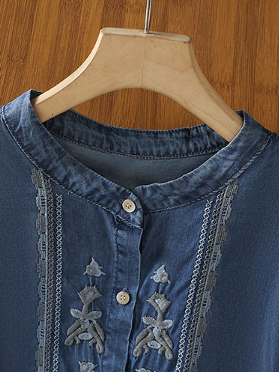 Camisa de manga corta con cuello mao bordado para mujer 2026 - $39.99 –P1