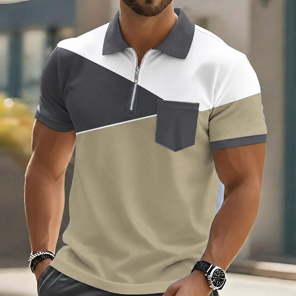 Bărbați Bloc Culoare Geometică Tricouri polo Manșon scurt Tricouri de polo Cămăși cu guler Casual În aer liber Îmbrăcăminte Atletică Concediu Buzunar Imprimare 3D Polo cu fermoar sfert Primavara vara 2026 - $22.99 –P3