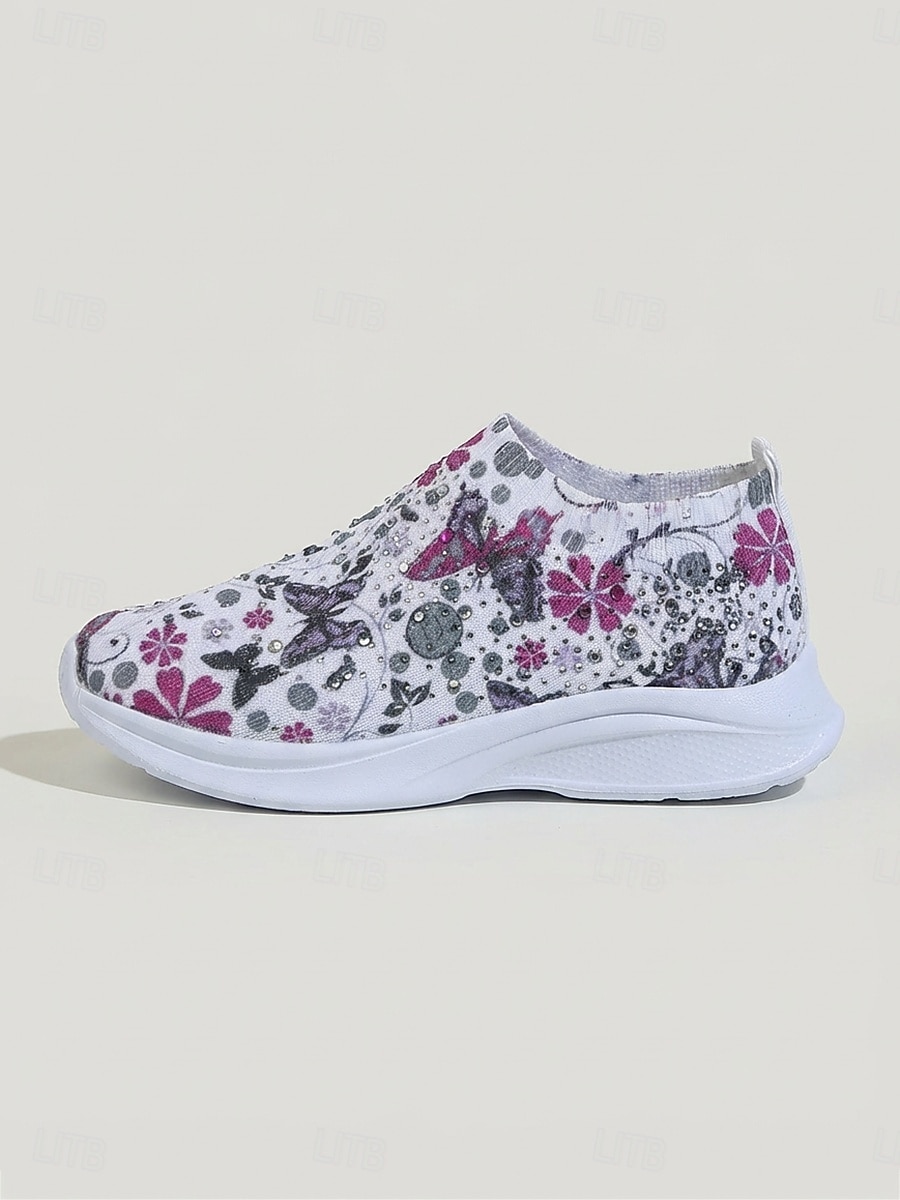Women's Purple Butterfly Floral Print Sneakers, Breathable Knit Rhinestone Slip On Shoes, Comfortable Casual Walking Shoes for Daily, Vacation & Weekend 2026 - $26.99 –P6