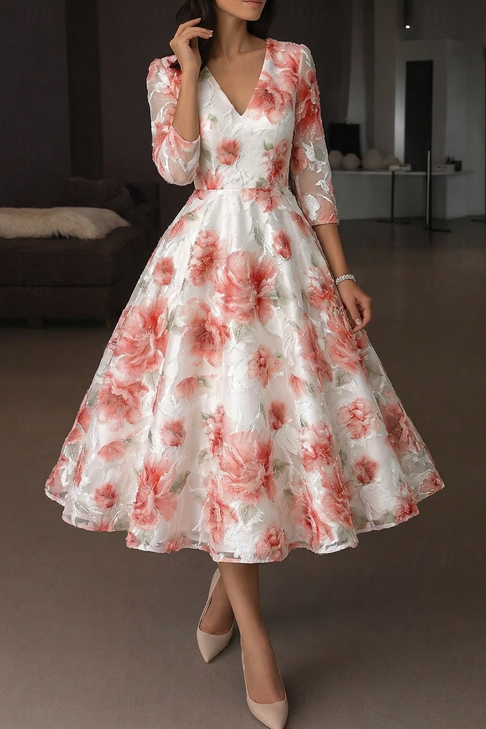 A-Line Ankle Length Tea Length Formal Dresses Cocktail Dresses Elegant 3/4 Length Sleeve V Neck Wedding Formal Organza Jacquard with Floral Print 2026 - $182.99 –P4