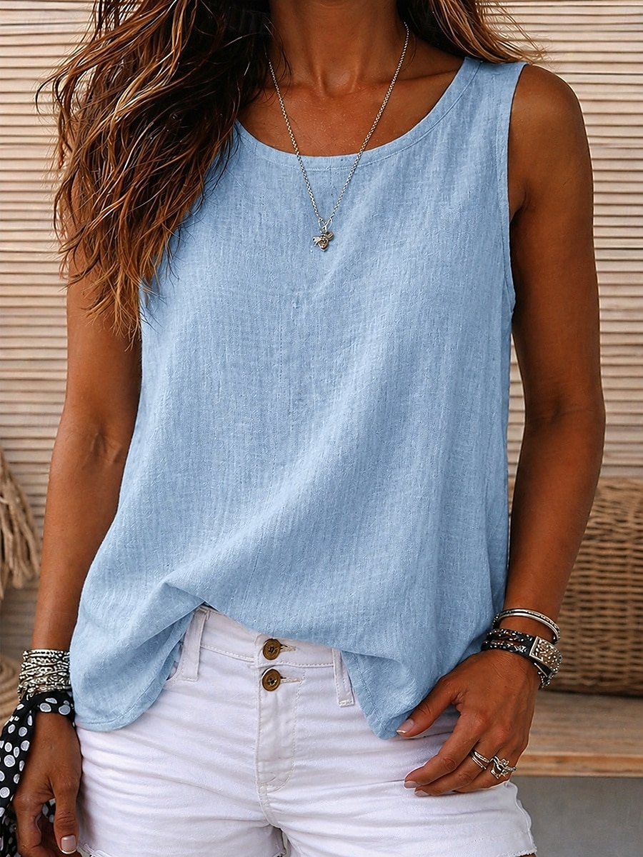 Mujer Camiseta sin mangas Plano Vintage Sin Mangas Escote Redondo Tops regulares Casual Rojo óxido Negro Blanco Amarillo Azul cielo Verano Primavera 2026 - $14.49 –P12
