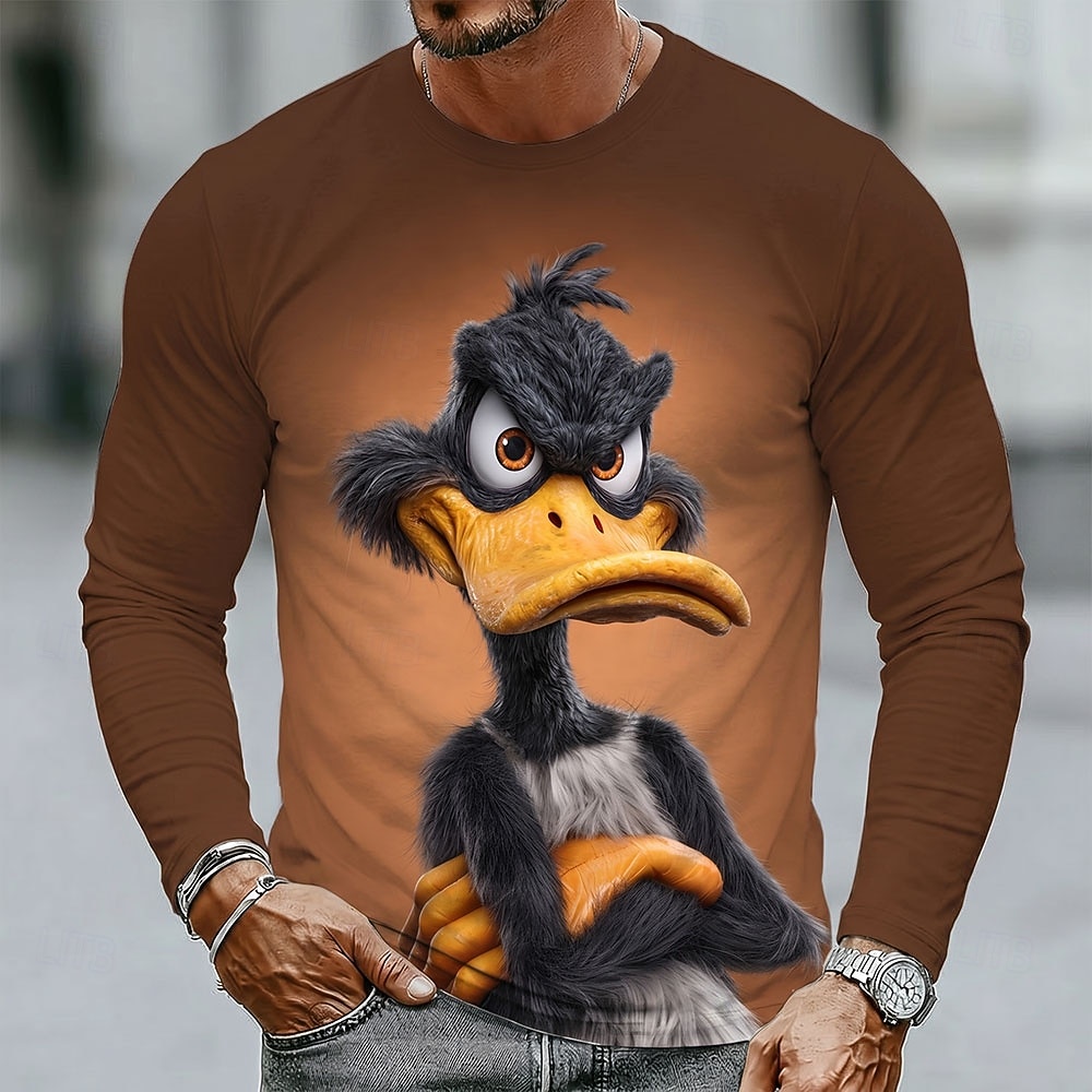 Herren-T-Shirt mit einfarbigem Entenmotiv, langärmelig, 3D-Druck, Rundhalsausschnitt, lustig, lässig, für Alltag und Freizeit, in Blau, Schwarz und Gelb, Frühling/Herbst, Größen: S, M, L, XL, 2XL, 3XL 2026 - $19.99 –P4