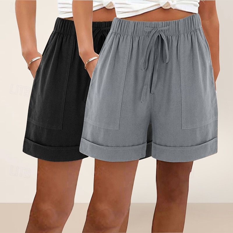 pachete multiple 2 buc pantaloni scurți de damă din bumbac și in, pantaloni scurți de vară, pantaloni scurți de plajă, vacanță, pantaloni scurți simpli, talie înaltă, simplu, cu buzunar, talie elastică, confortabili, moi, confortabili, neelastici, zilnic, 2026 - $31.99 –P2