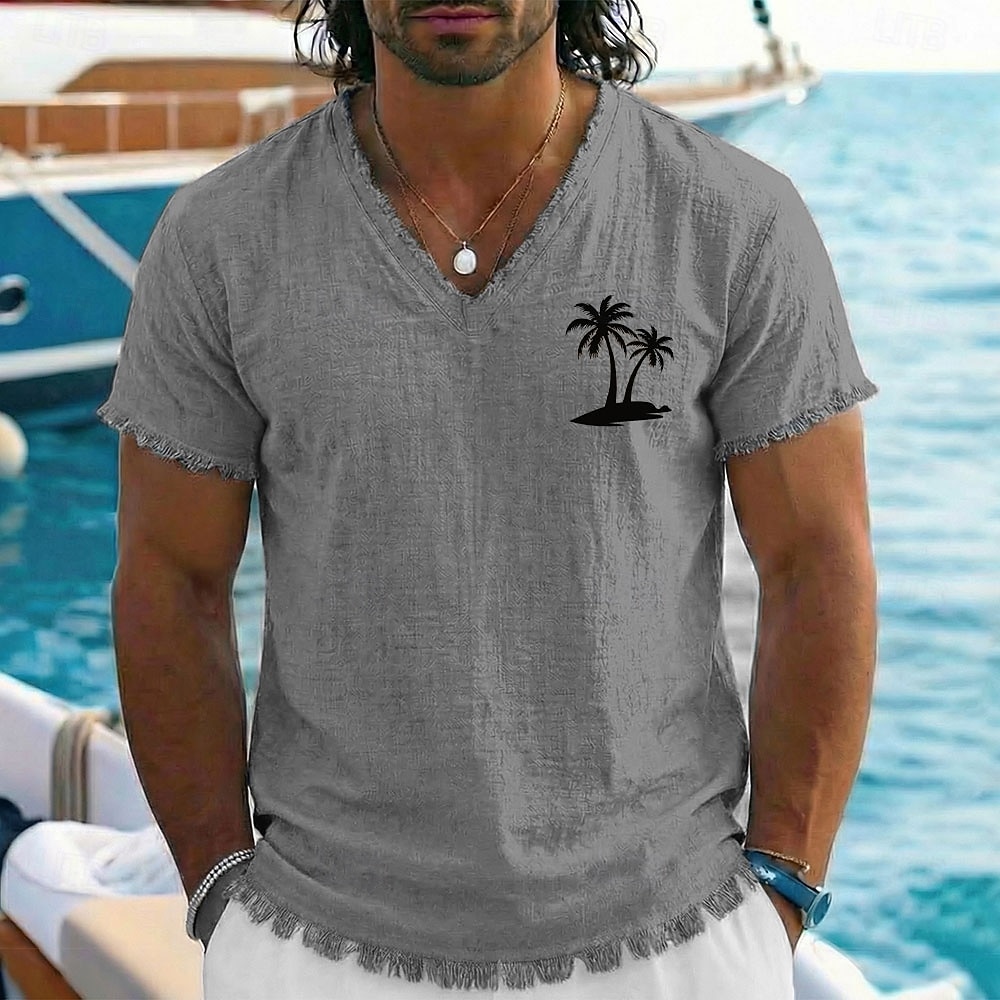 T-shirt homme style bohème côtier vintage, imprimé palmiers tropicaux, en coton et lin, col V, ourlet brut effiloché, coupe ample, idéal pour la plage, les vacances en bateau. Tailles S, M, L, XL, de 2026 ? $24.99 –P6