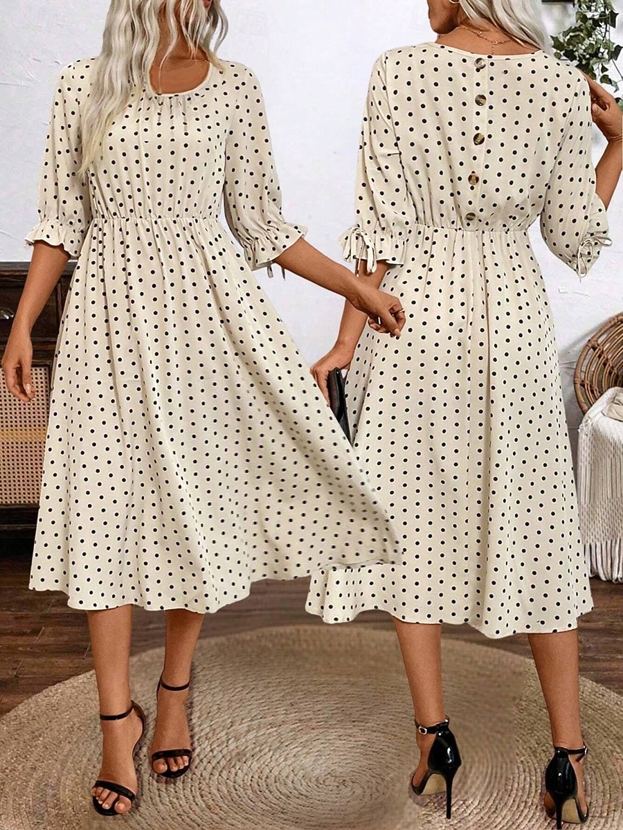 Damen Midikleid A Linie Kleid Sommerkleid Urlaub Lässig Täglich Date Normale Passform Grafik Tupfen Halbarm Rundhalsausschnitt Beige Sommer Frühling 2026 - $31.99 –P1
