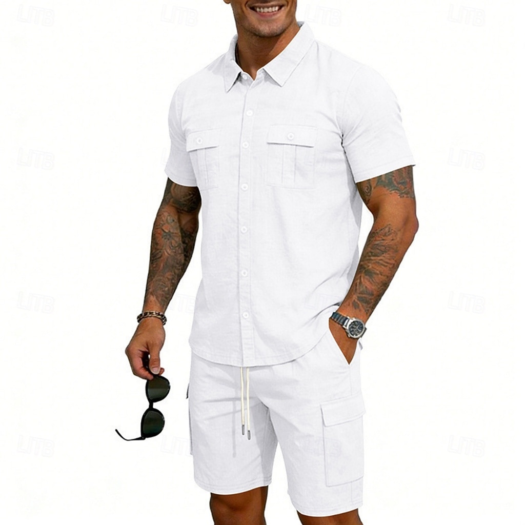 Homens Camisa de linho 2 Peças Conjunto de camisa E Bermuda Cargo Calção Shorts de linho Definir Tecido Diário Ao ar livre Férias Aberto para a Lateral Manga Curta Verão Moda Casual Confortável Roupa de 2026 por $32.99 –P6