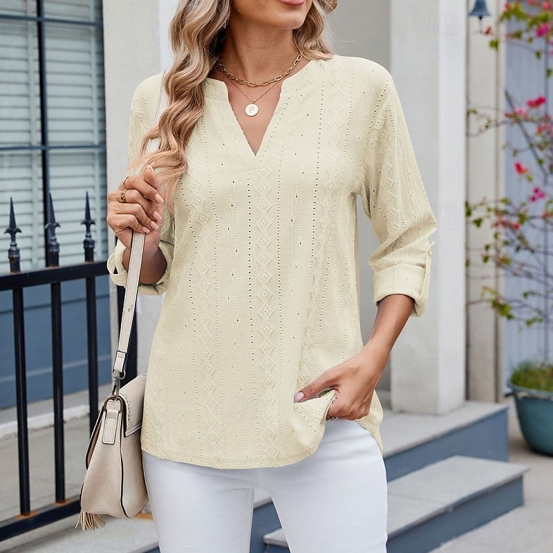 Women's Texture Blouse Eyelet Top Pointelle Tee T Shirt Eyelet Striped Fashion Classic Casual Long Sleeve V Neck Regular Tops Casual Daily Beach Black White Navy Blue Sky Blue Orange Summer Spring 2026 - $28.99 –P9