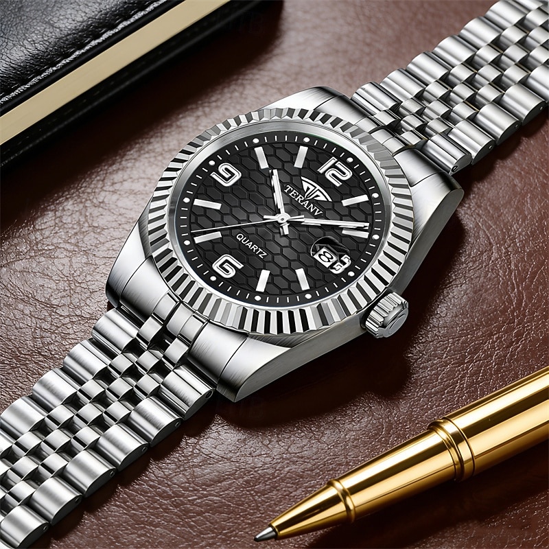 Montre homme de luxe, cadran noir nid d'abeille, mouvement quartz bicolore or et argent en acier inoxydable, lunette cannelée, montre habillée avec date, bijou élégant à offrir. de 2026 ? $21.99 –P3